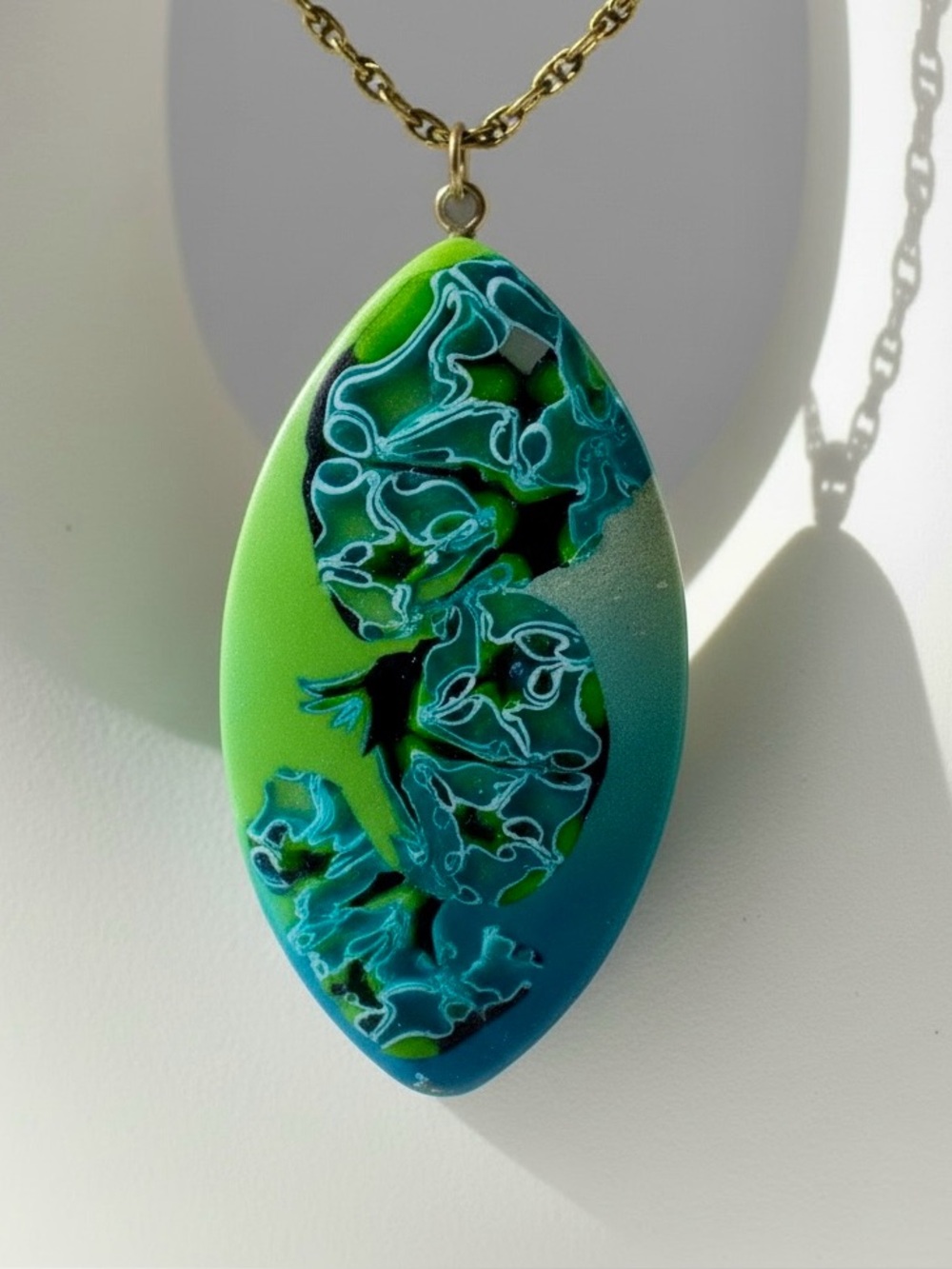 Handmade Blue & Green Abstract Floral Polymer Clay Large Pendant Necklace Chain